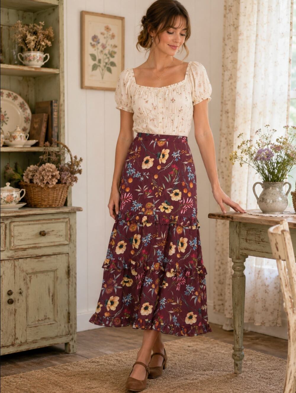 Olivia James The Label Lila Skirt Women's L Anemone Raspberry Floral Tiered Midi